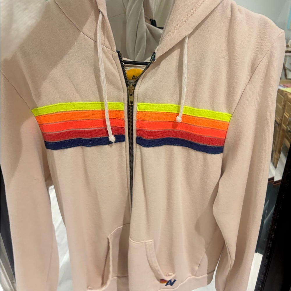 Aviator Nation Beige Zip Hoodie with Neon Rainbow Chest Stripes